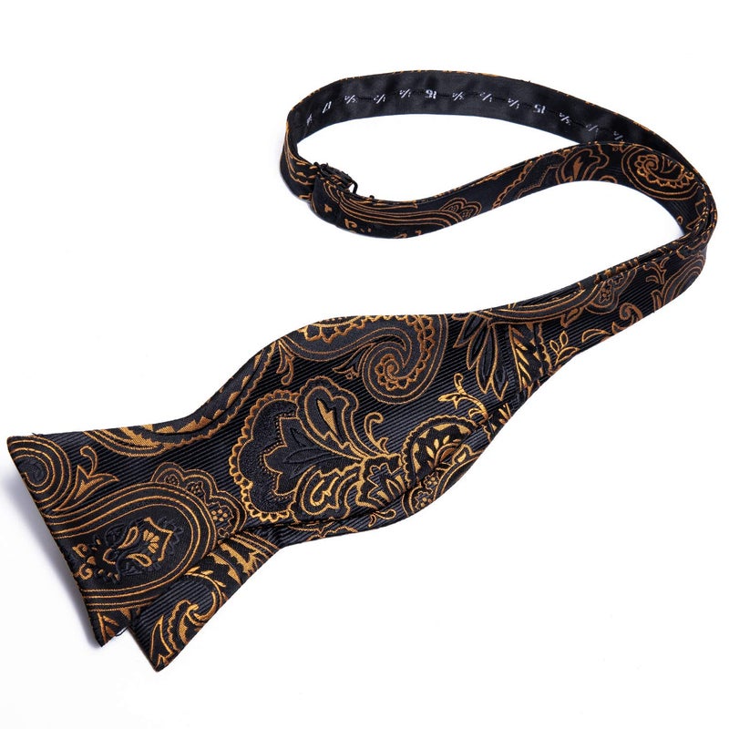 DiBanGu Mens Silk Self Bow Ties,Woven Solid Striped Paisley Bowtie and Pocket Square Cufflinks Set for Men Tuxedo Wedding, Gold and Black - Image 3
